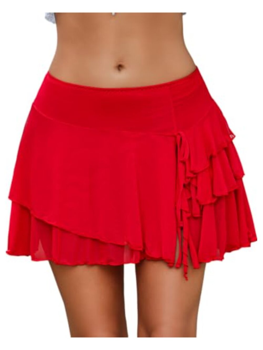 Y2K Mesh Mini Skirt with Built-in Shorts Ruffle Tiered Side Slit